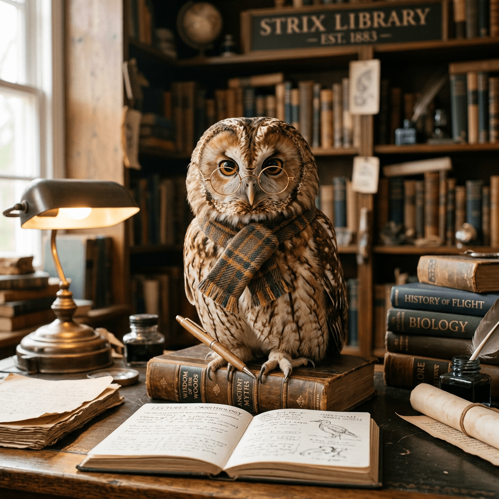 Owl wearing glasses and a scarf sitting on books in a vintage library