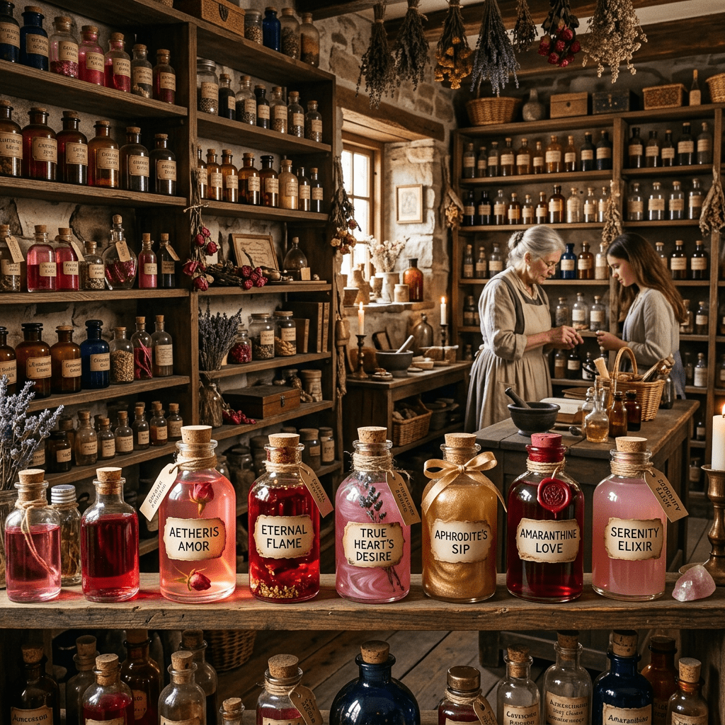 Vintage apothecary shop interior with shelves of labeled bottles and two women examining potions