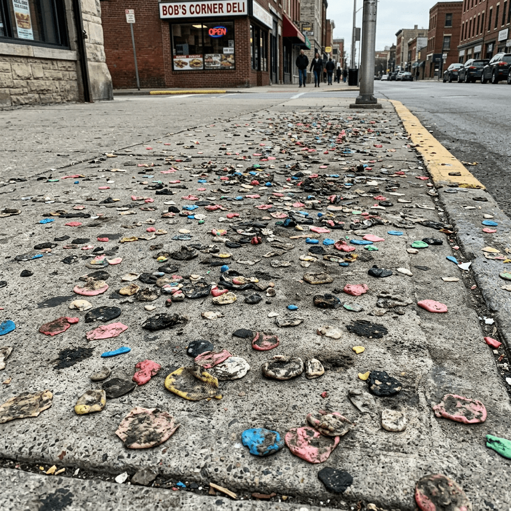 Sidewalk pavement with numerous pieces of chewed, stuck-down gum in various colors